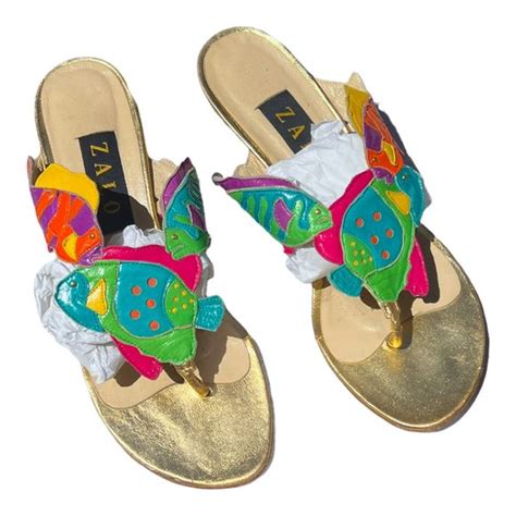 Zalo Shoes Rare Vintage 9s Zalo Leather Tropical Fish Gold Wedge