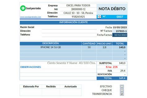 Formato Nota De Crédito En Excel Y Pdf