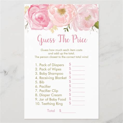 Soft Pink Floral Guess The Price Baby Shower Game Zazzle Floral