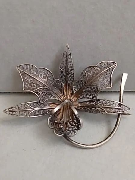 ANCIENNE BROCHE ARGENT Massif Filigrané Fleur d Orchidées Poinçons EUR