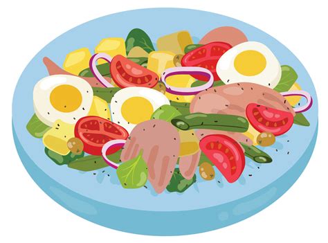 Nicoise Salad With Tuna On The Blue Plate French Cuisine Hand Drawn