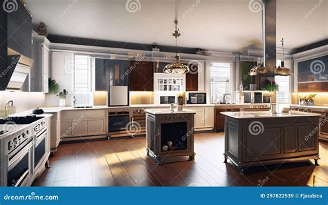 A Large Modern Kitchen with an Island Stock Illustration - Illustration ...