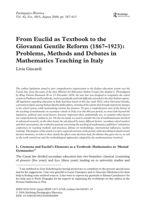 (PDF) From Euclid as Textbook to the Giovanni Gentile Reform (1867–1923