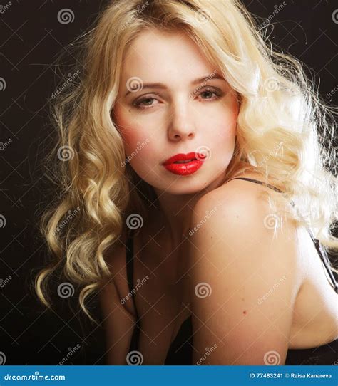 Blond Woman With Curly Hair In Black Lingerie Stock Image Image Of Attractive Dress