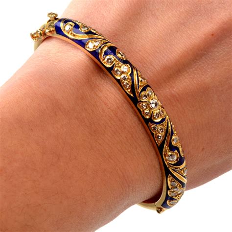 Italian Enamel Diamond Gold Bangle Bracelet At 1stdibs