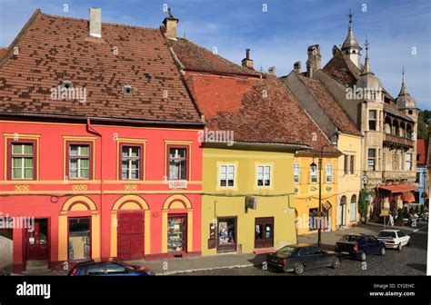 Romania Sighisoara Street Scene Historic Architecture Stock Photo