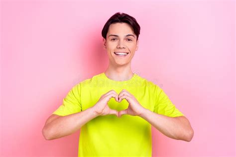 Photo Portrait Of Nice Teen Man Hands Showing Heart Gesture Wear Trendy