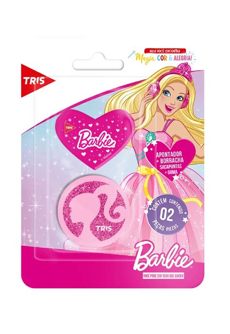 Kit Tris Barbie Apontador Depósito Borracha Blister C 2 Unidades