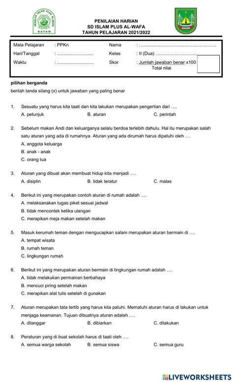 Penilaian Harian Ppkn Activity Live Worksheets
