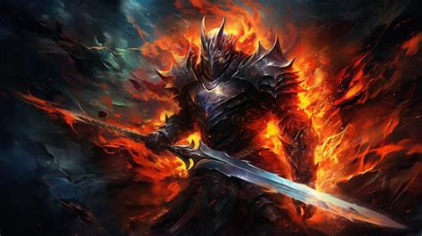 Premium Photo | Knight holding the sword with flames and fire Digital ...