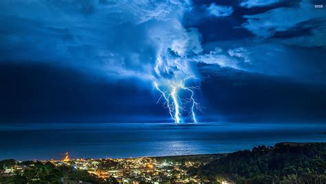 Thunderstorm Over Ocean Lightning Ocean Thunderstorm Clouds Sky