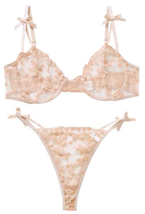 ALOECDYV Sexy Womens Underwire Strappy Embroidered Mesh Sheer Lingerie V Neck Set See Bra