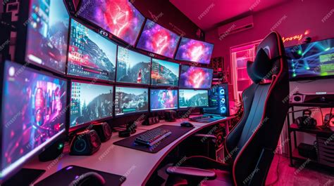 premium photo  modern gaming setup  multiple monitors  gaming