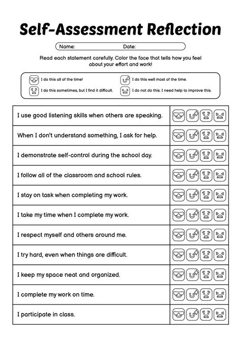Student Self-Assessment Reflection Worksheets | Student self assessment ...