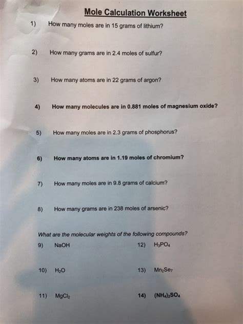 Mole Calculation Worksheets With Answers