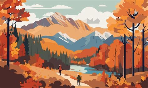 Premium Vector Couple Hiking In Autumn Mountains Autumn Landscape In