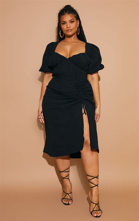 Plus Black Puff Sleeve Ruched Split Midi Dress Plus Size