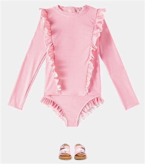 Yanika Gingham Rashguard And Bikini Bottoms Set In Pink Louise Misha