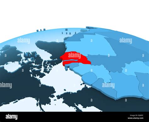 Map Of Senegal In Red On Blue Political Globe With Transparent Oceans