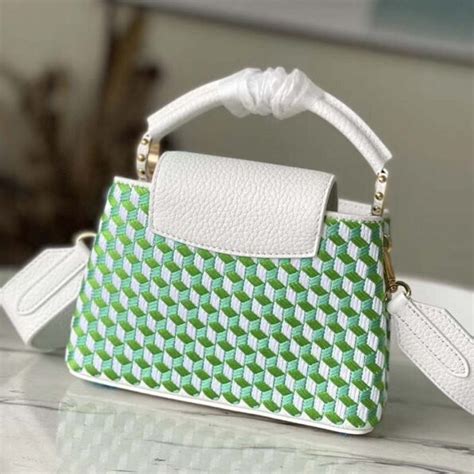 Louis Vuitton Lv Women Capucines Mini White Green Taurillon Leather Textile Embroidery Lulux