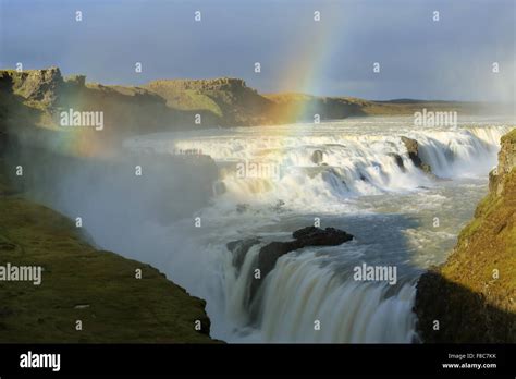 Gulfoss Golden Falls Waterfall In Iceland With Rainbow Stock Photo Alamy