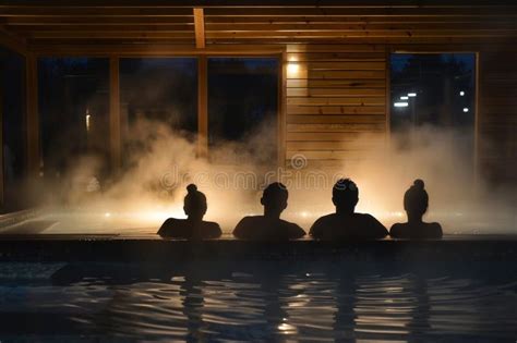 Relaxing Evening In A Cozy Hot Tub With Friends Under Warm Lighting In A Wooden Cabin Stock