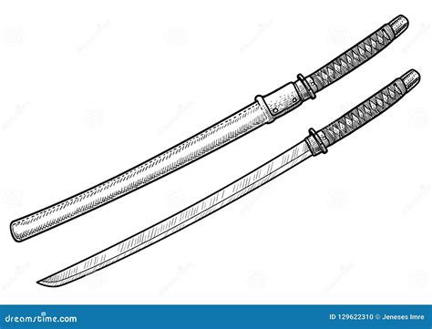 Japanese Sword Illustration Drawing Engraving Ink Line Art Vector