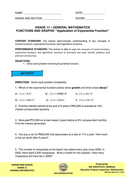 Activity Sheet 14 Gr 11 Application Of Exponential Function Word Problem Converted Senior