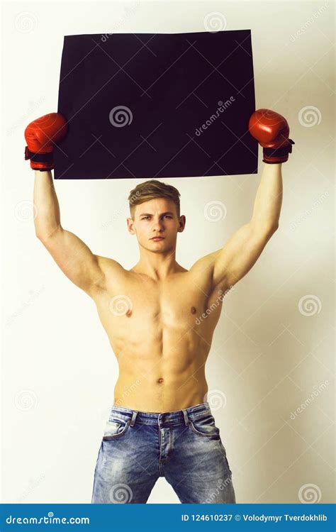 Man Boxer Holding Black Empty Paper In Boxing Gloves Stock Image Image Of Paper Naked