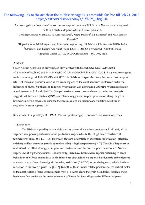 PDF An Investigation Of Oxidation Hot Corrosion Creep Interaction At 800 C In A Ni Base