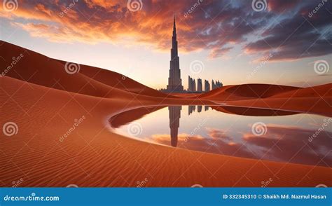 dubai burj khalifa desert landscape  downtown skyline combo stock