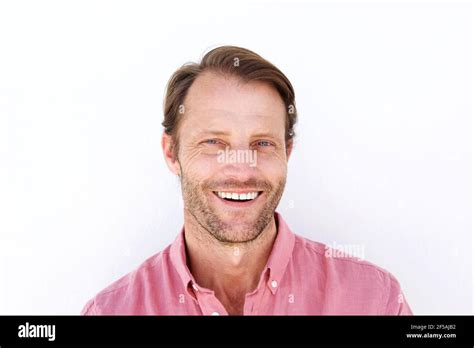 Close Up Portrait Attractive Man Smiling Against White Background Stock