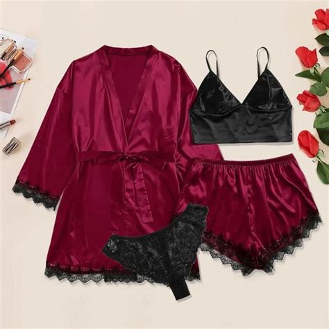 Plus Size Lingerie Sexy Femmes Robe En Soie Peignoir En Satin Pyjamas Pyjamas B856 Rouge