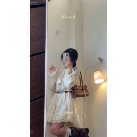 Khositl đầm nude cổ cao tay dài phồng lai bèo kèm belt Shopee Việt Nam