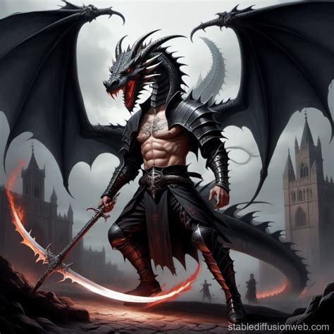 Warrior Fighting Dragon With Lightning Sword In Gothic World Stable