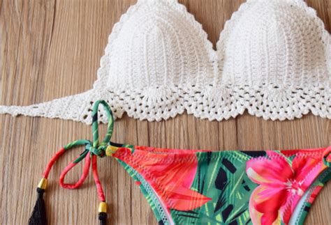 White Knit Floral Bottom Two Piece Bikini On Luulla