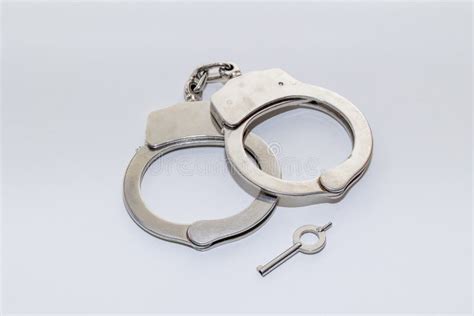 Pair Of Handcuffs For Police Purposes Key To Open The Handcuffs Stock