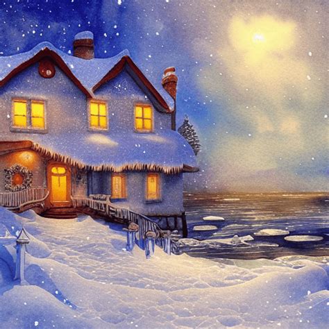 A Paintg of a Cottage by the Sea Stars Laden Sky Winter Ice Snow Christmas Fantasy Magical Art ...