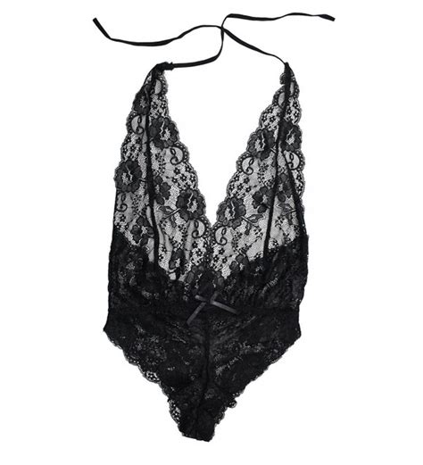 Women Sexy Lingerie Teddy Deep V Halter Lace Bodysuit With Eyes Cover Black CZ122IHG6HZ