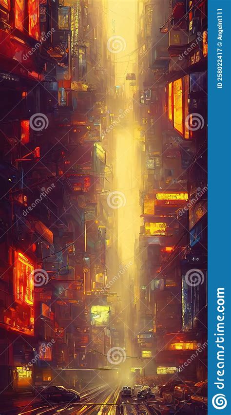 Streets Of Cyberpunk City Bright Glowing Houses And Windows Of