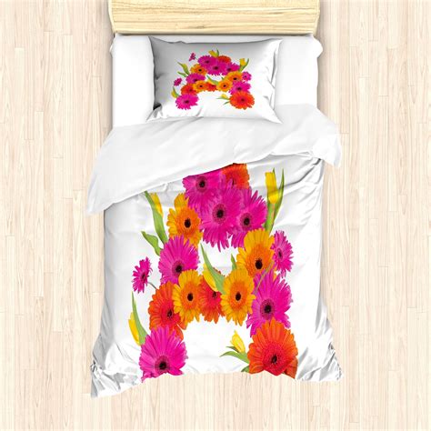 Ambesonne Flower Alphabet Duvet Cover Sets Letter A As Bouquet 2 Twin Marigold Hot Pink Green