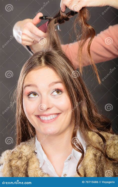 Stylist Curling Hair For Young Woman Stock Photo Image Of Device