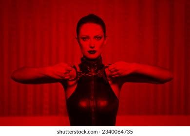 Sexy Brunette Woman Latex Catsuit Holding Stock Photo Shutterstock