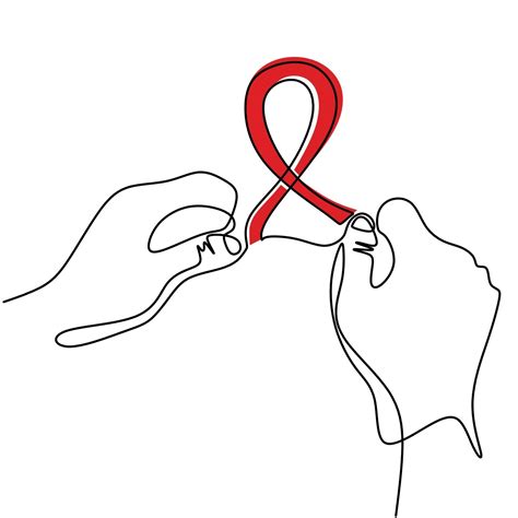 One line drawing of hand holding red ribbon symbol for aids. Prevention ...