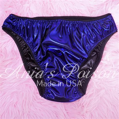 Anias Poison Full Bikini Cut Navy Blue Soft Foil Satin Lined Sissy Metallic Panties For Men