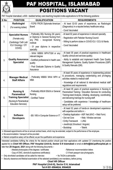 Paf Hospital Jobs 2021 For Medical Staff In Islamabad 2025 Job