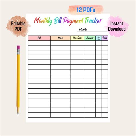 Bill Payment Tracker Rainbow Color Printable Editable Monthly Worksheets Library