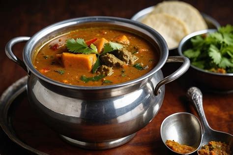Traditional South Indian sambar served in a steel bow | Premium AI
