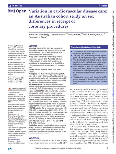 PDF Variation In Cardiovascular Disease Care An Australian Cohort Study On Sex Differences In