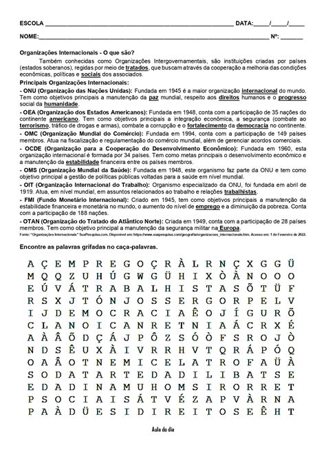 ATIVIDADE SOBRE ORGANIZAÇÕES INTERNACIONAIS: RESUMO + CAÇA-PALAVRAS